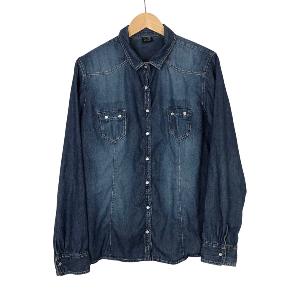 Faded Glory Pearl Snap Denim Shirt Blue XL Button Up Long Sleeve Western Cowgirl